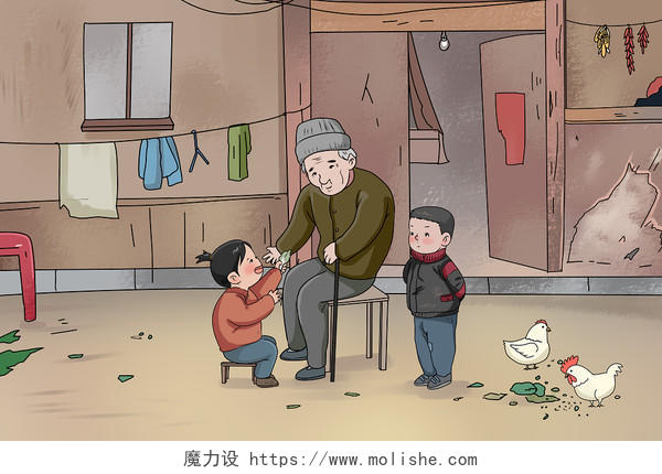 卡通漫画留守儿童老人贫苦农村生活插画